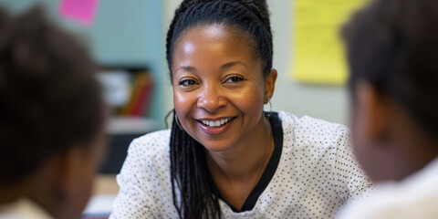 Engaging teacher interacts with students in classroom setting