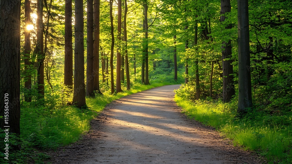 Poster Sunlit Forest Pathway with Verdant Trees and Inviting Route : Generative AI