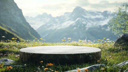 Grass podium placed in a serene mountain field with wildflowers