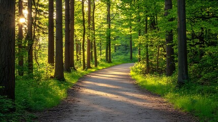 Fototapeta premium Sunlit Forest Pathway with Verdant Trees and Inviting Route : Generative AI