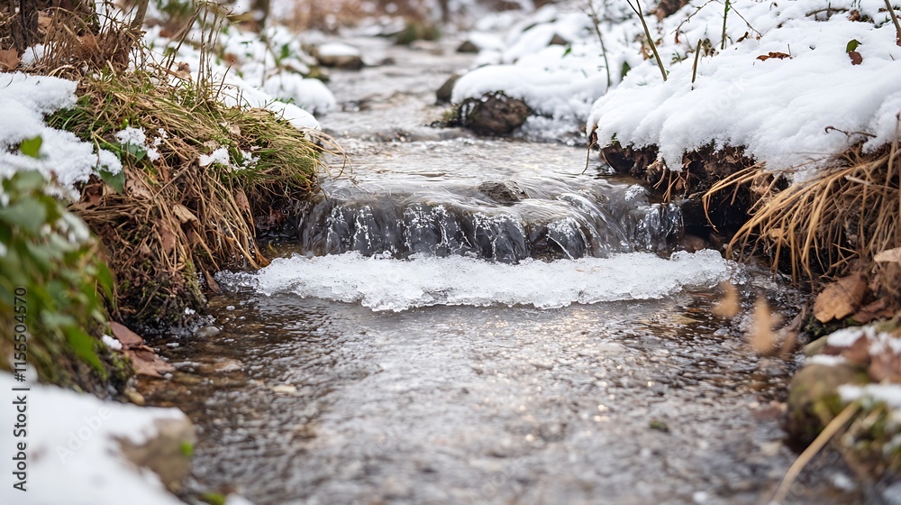 Poster winter brook with gentle ice flow surrounded by forest snow : generative ai
