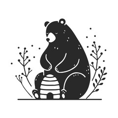 stilvolle Illustration zeigt einen Braunbären mit einem Bienenstock umgeben von floralen Elementen. Der schlichte, zweifarbige Stil verleiht dem Motiv eine beruhigende und zeitlose Ästhetik