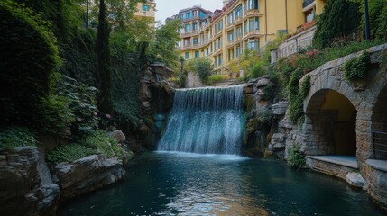 Naklejka premium Urban Waterfall Oasis with Lush Greenery