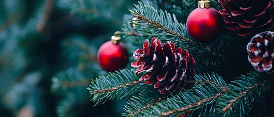 Christmas background with fir branches, red baubles,berries, glowing lights,cones,festive ribbons. Magical holidays mockup. Banner for seasonal celebrations. Generative ai