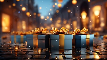 Vibrant Yellow and Blue Gift Boxes on a Warm Background at Festive Celebration