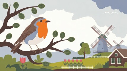 A European Robin bird on a branch with a Dutch landscape of tulips and windmills