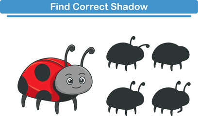 Funny cartoon ladybird. find the correct shadow. Kids Education games. Cartoon vector illustration