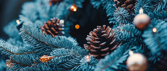 Christmas natural background with fir branches, cones, bokeh. Magical holidays mockup.Minimal banner for seasonal celebrations. Zero waste, eco friendly concept. Generative ai