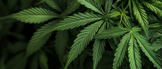 Close-up of vibrant green cannabis leaves against a dark background.