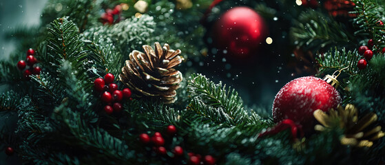Christmas background with fir branches, red baubles,berries, glowing lights,cones,festive ribbons. Magical holidays mockup. Banner for seasonal celebrations. Generative ai	