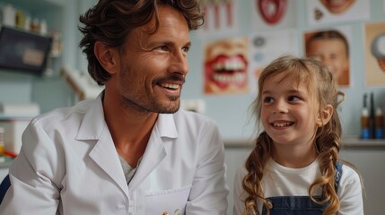 cheerful doctor looking at smiling little girl in dentistry office