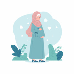 Peaceful Flat Illustration of a Pregnant Muslim Woman Wearing a Hijab Surrounded by Heart Motifs and Nature Elements