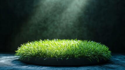 Grass-covered podium with glowing edges, placed in a dark minimalist room