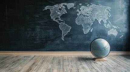 Empty Classroom Space Featuring Chalk Outline of Globe on a Chalkboard with World Map Behind It