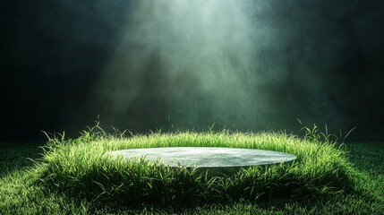 Grass-covered podium with glowing edges, placed in a dark minimalist room