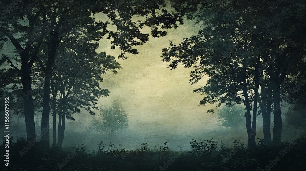 Poster misty forest with silhouetted trees and moody atmosphere at dawn in tranquil woodland : generative a