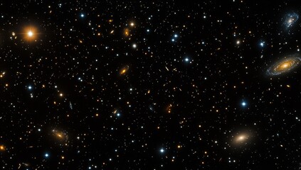 Deep space image showing numerous galaxies of varying sizes, shapes, and colors against a backdrop of countless stars.