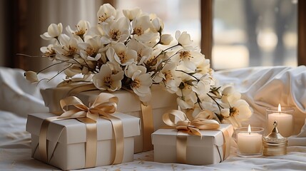 Wedding gifts and flowers in an elegant white bedroom,