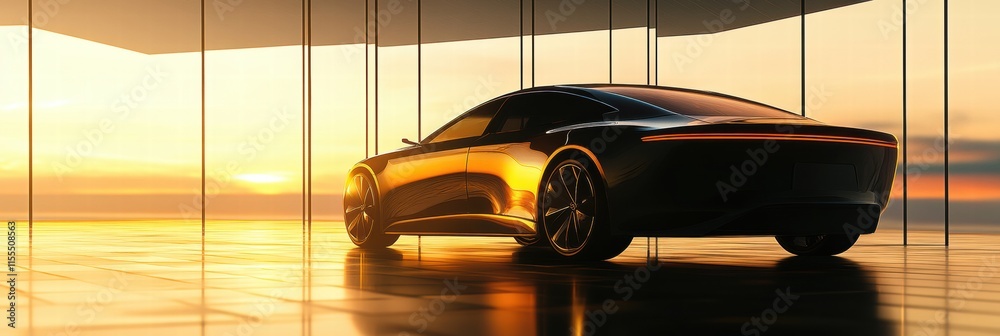 Poster sleek luxury car illuminated by sunset in modern architectural setting with reflective surfaces. gen