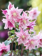 Fototapeta premium Blooming Pink Clematis Flowers Amidst Lush Greenery in a Sunlit Garden : Generative AI