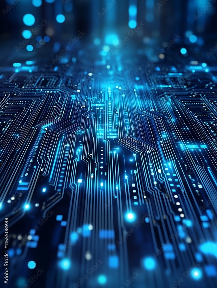 Poster Futuristic Blue Circuit Board with Illuminated Lines in a Digital Landscape : Generative AI