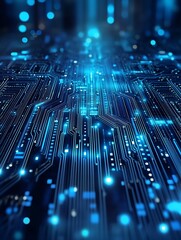 Futuristic Blue Circuit Board with Illuminated Lines in a Digital Landscape : Generative AI © Generative AI