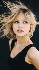 Naklejka premium Blond woman windblown hair looking away camera wearing black top