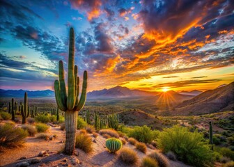 Arizona Saguaro Cactus Panoramic Landscape - Desert Sunset Panorama Photography