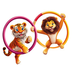 Fototapeta premium Playful Circus Animals: A Tiger and Lion Acrobat Duo