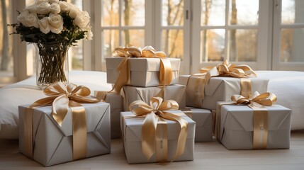 Wedding gifts in an elegant white bedroom,