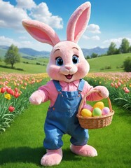 3D cartoon Easter bunny with basket full of eggs, green grass field with spring flowers, blue sky