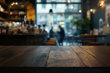 Empty dark wooden table in blurred cafe background.