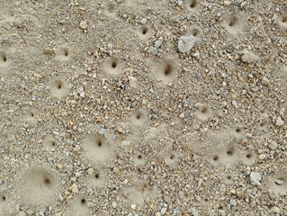 Antlion (Undur-undur) holes in the ground. These anmals are a group of about 2,000 species of...