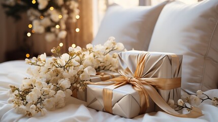 Wedding gifts in an elegant white bedroom,