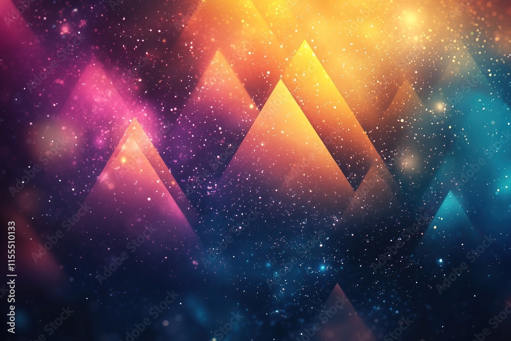 Poster abstract cosmic landscape with vibrant triangles and sparkling dust