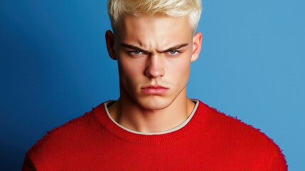 Serious young man blond hair wearing red sweater against blue background