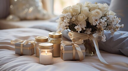 Wedding gifts in an elegant white bedroom,