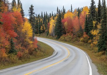 Fototapeta premium Scenic Winding Road Through Vibrant Autumn Forest with Colorful Foliage and Scenic Landscape in Nature's Beauty During Fall Season in North America
