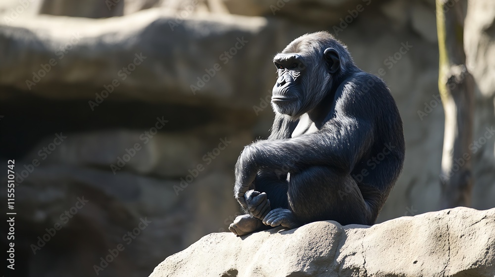 Aufkleber solitary gorilla sitting on rock in jungle with sun rays : generative ai