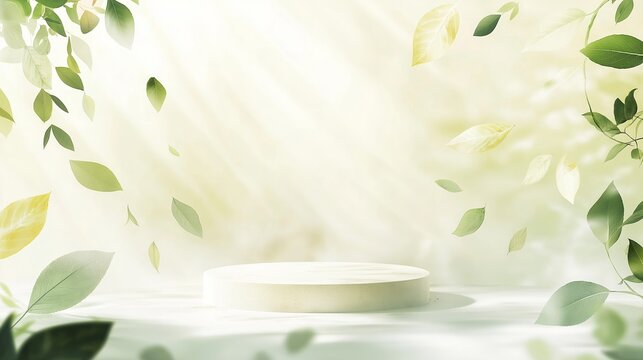 A white background with a green leafy background. Background for display your product. Podium mock up for product presentation.