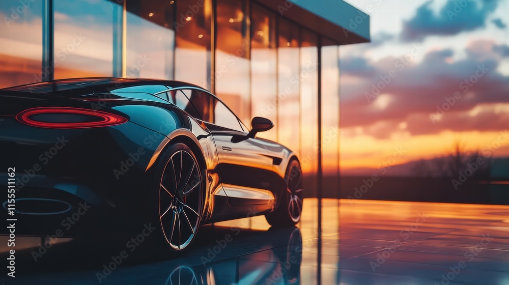Poster Sleek luxury car parked in a modern architectural setting with sunset lighting and reflections on a polished surface. Generative AI