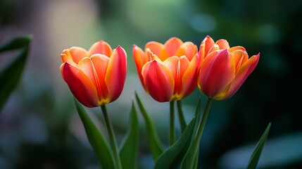 Stunning Orange and Yellow Tulips in Full Bloom with Blurred Green Background : Generative AI