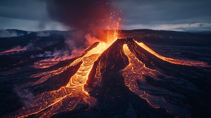 Fiery Volcanic Eruption with Glowing Lava Rivers and Explosive Activity : Generative AI