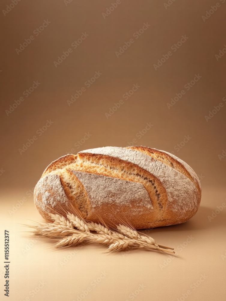 Poster minimalist bread loaf with wheat grains on a neutral background for culinary inspiration and recipe 