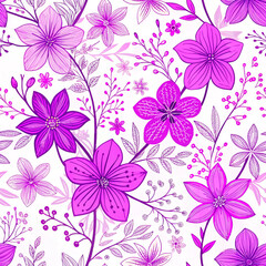 Seamless pattern with vibrant purple flowers and leaves on a light background for bold botanical design
