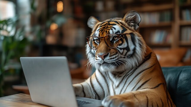 Frustrated tiger working on laptop cozy library digital art indoor focused expression