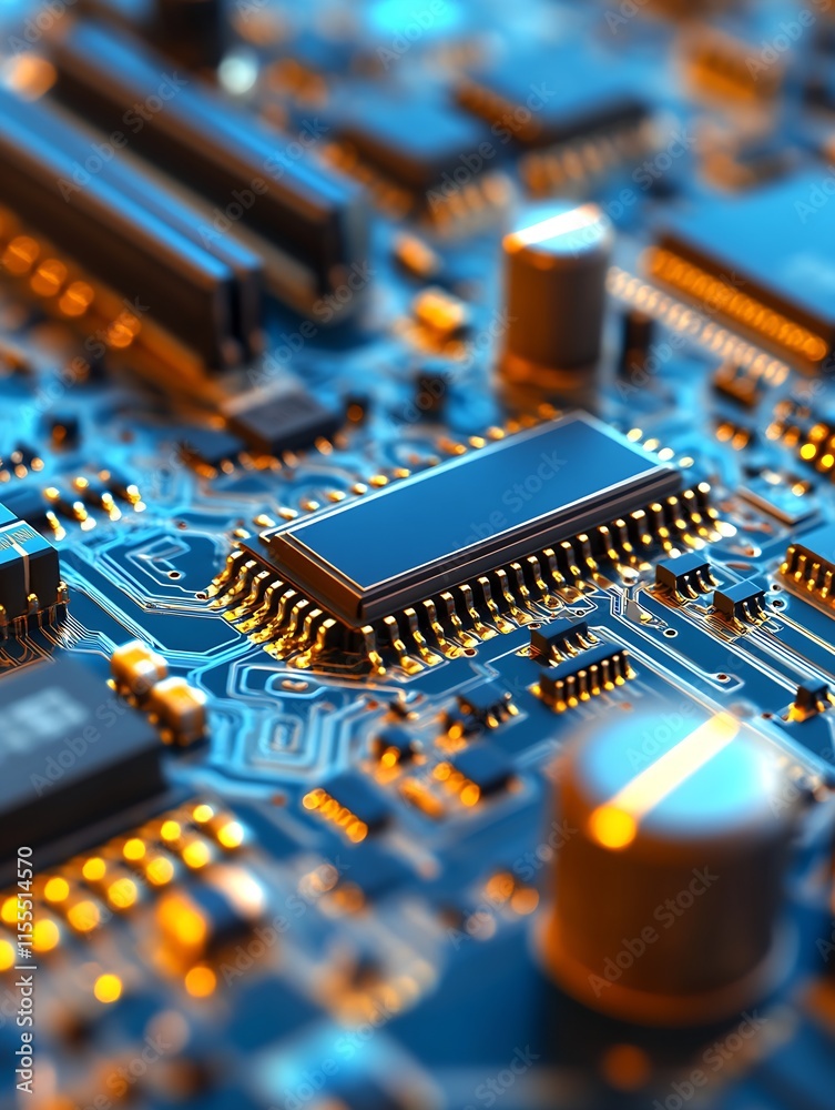 Poster Abstract CloseUp of Blue Circuit Board Illuminated with Microchip Technology : Generative AI