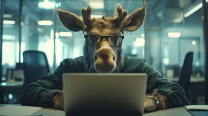 Frustrated moose working on laptop office space digital content modern environment close-up view humorous concept