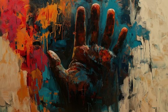 Visual exploration of brushstrokes and fingerprints on a textured canvas depicting an expressive hand