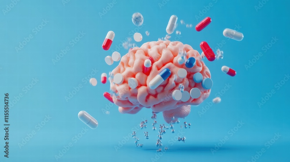Poster 3d model of a human brain surrounded by colorful pills representing health and mental wellness in a 